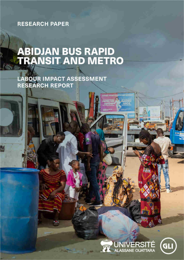 Image of report front page on Abidjan Bus Rapid Transit And Metro, featuring people waiting next to a bus