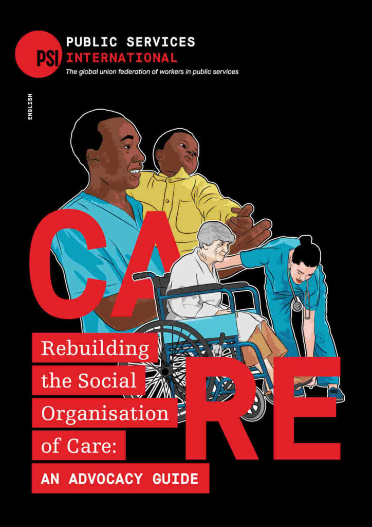 Image of An Advocacy Guide to Rebuilding the Social Organisation of Care, black background with digital sketches of people and red text type