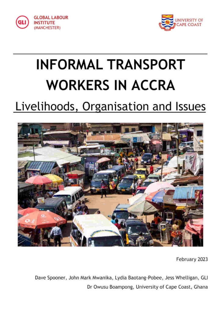 GLI Report on Informal Transport Workers In Accra with image of a busy road with buses in Accra